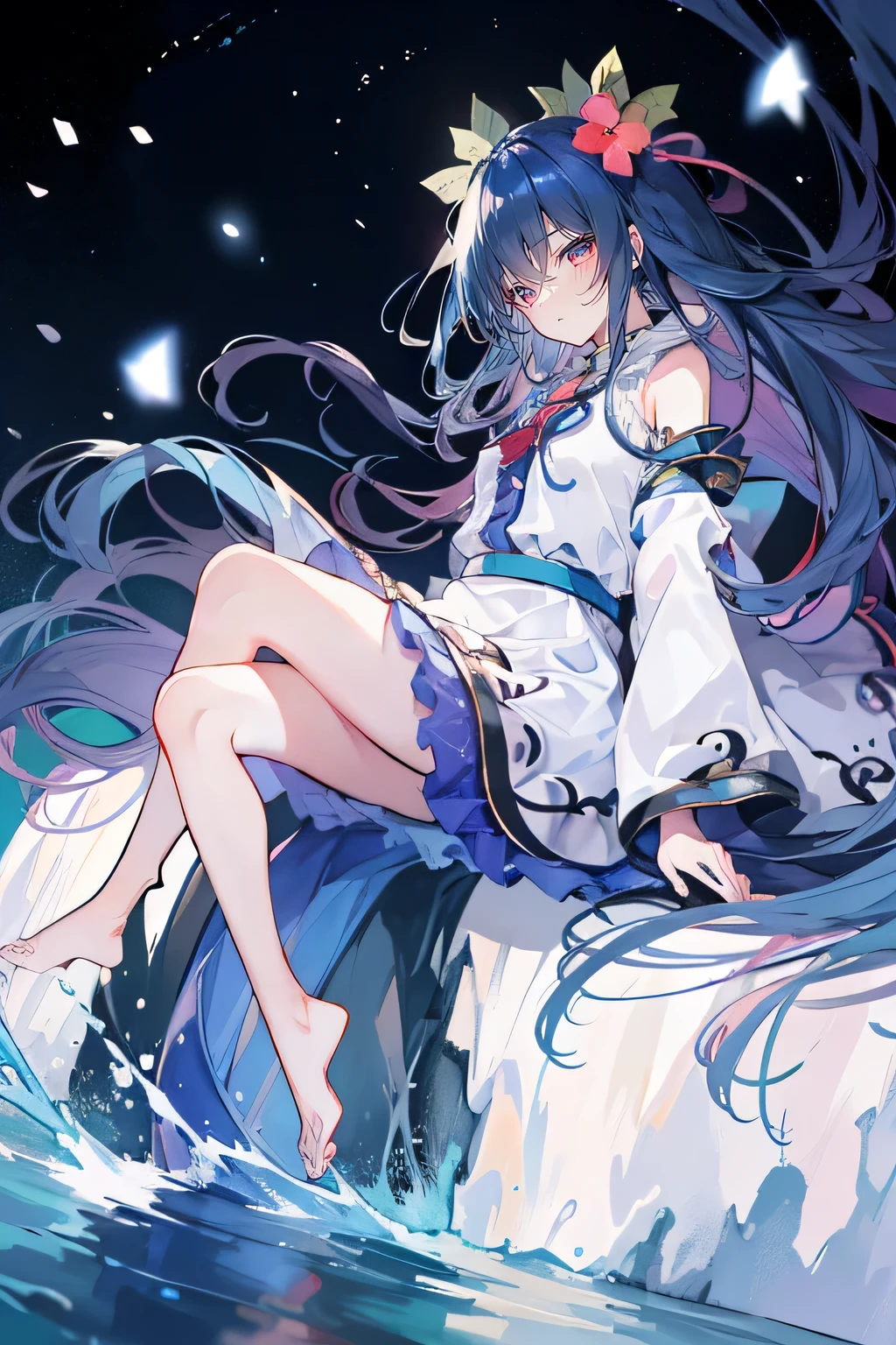 （masterpiece：1.2），Super detailed，lifelike，Expressive eyes，fair skin，perfect face shape，1 girl，
Japanese comics,Gorgeous blue hair,flowing blue hair,flowing clothes,Petals fall,beautiful lola,Baby Angel,
Shaking head with one hand，Cross your legs，Gentle and peaceful background，The pavilion is cool and comfortable,smile, wearing hoodie, background of tokyo,back views,snowing, winter,lie on the water. dark blue gradient hair,asymmetrical hair,（（Hair is very thick 1.8，Chiseled hair 1.6））， Hair over the shoulders, Messy hair, Very long hair, shiny hair，(long dark blue hair:1.2),A beautiful girl，（Transparent clothes transparent 1.8），Perfect body，Big thin legs，slender，(Looks very sad，Looks haggard ，sadness，shut your mouth：1.2） Against the backdrop of an unusually bright dark starry sky，（Put your hands behind your back），（round,Room, Strong breasts），barefoot，float，water surface，（long legs，long legs，long legs，Complete）