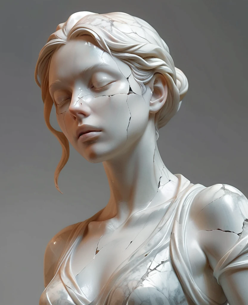 A young woman's marble statue, cracked marble sculptures, exquisite, minimalist,(best quality,4k,8k,highres,masterpiece:1.2),ultra-detailed,(realistic,photorealistic,photo-realistic:1.37),HDR,UHD,studio lighting,ultra-fine sculpture,sharp focus,physically-based rendering,extreme detail description,professional,vivid colors,concept art,neoclassical,cool color tones,dramatic lighting