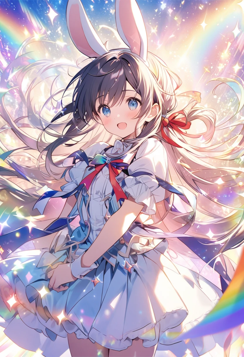 「A character with rabbit ears and long hair tied with a ribbon, Surrounded by magical rainbows and sparkles, Against a bright and shining fantasy background.&quot;He&#39;s holding a stuffed rabbit in both hands.
