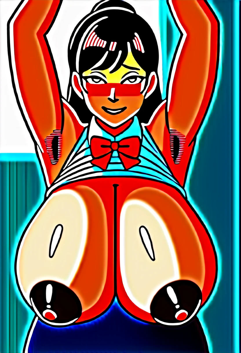 Score_9, score_8_up, score_7_up, score_6_up, score_5_up, score_4_up, source_anime, 1girl, cute girl, detailed eye, secretary suit, skirt, secretary, sleeveless, French twist updo hair, sagging gigantic huge biggest breasts, wide hips, thick thighs, huge areolae, areola slip, dark nipple, dark areolae, nipple cover, hairy stomach hair, hairy armpit hair, Japanese, cute Japanese, hentai, sweating, heart mark words, smelly, working atmosphere, brown hair, crowded, leg tights, polite atmosphere, in building entrance, hands from stomach, standing politely, bowing, bowed greeting, pov, bukkake, blushing smile, accessories