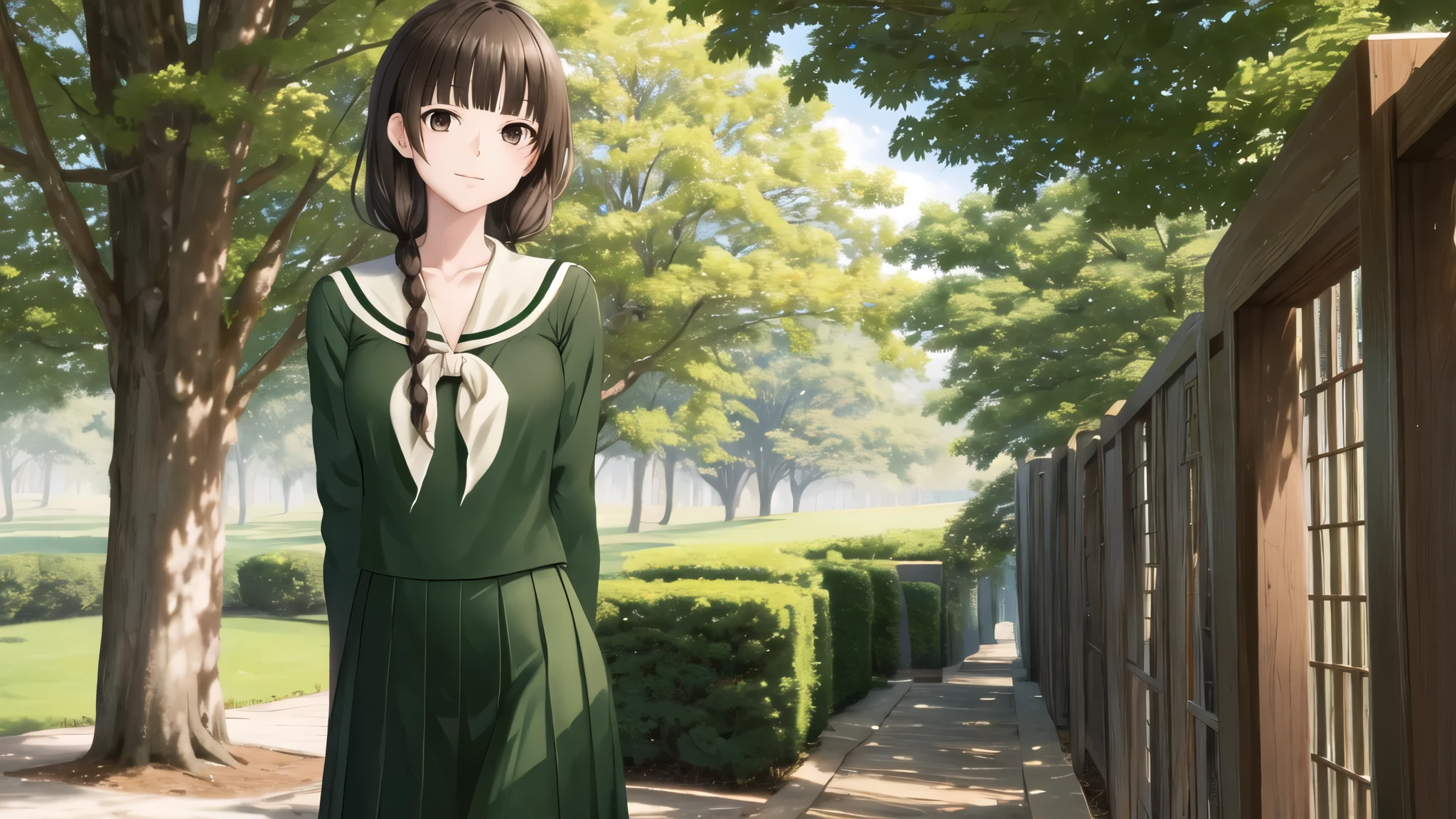masterpiece, Highest quality, High resolution, aayoshino, , thin, Long Hair, Twin Blade, Brown eyes, Hair that falls over the shoulders, , Sailor collar, neckerchief, Green Shirt, One piece sailor shirt, Long sleeve, Green Skirt, Long skirt, Are standing, Cowboy Shot, Outdoor, White Rose Garden, Person on the right, Shining Face, Slender