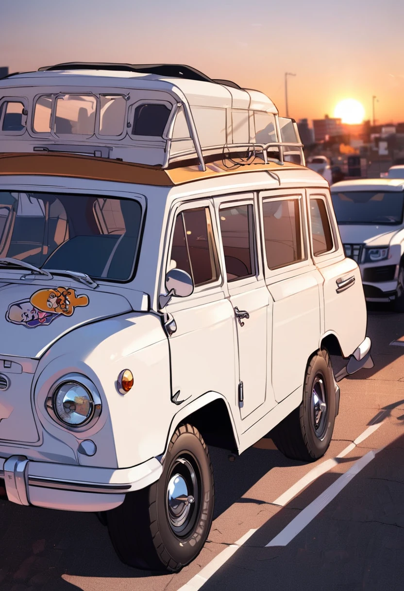 A white vintage suv in the sunset, skate stickers