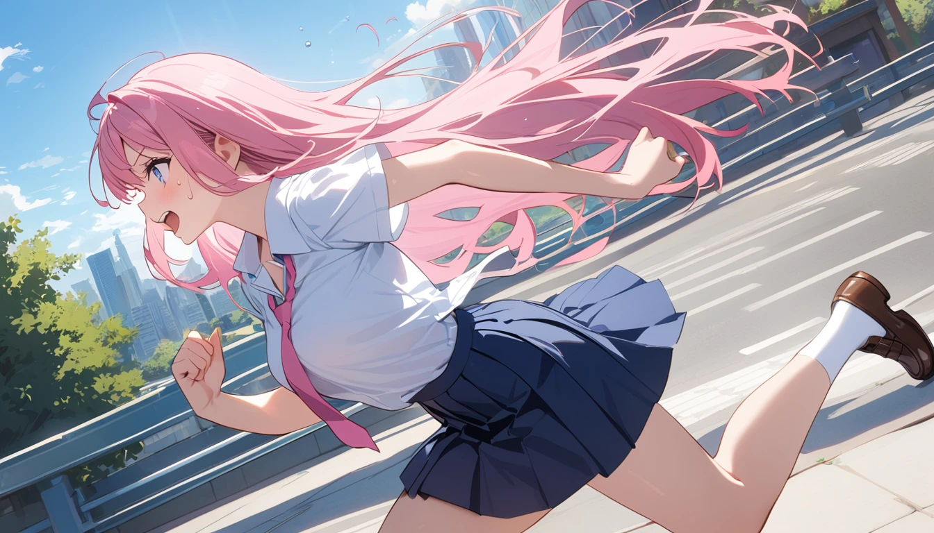 (1 girl),(Best Picture Quality, 8K, Masterpiece:1.3), (high school student:1.5), (pink lob hair), (bumpy hair), (slant skyblue eyes), ((school uniform, white short simple sleeve shirt, darkblue skirt, pink tie)), (super clear:1.5), (glistening skin:1.1),(pale skin:1.1), (looking ahead:1.3), ((from side:1.3)),(running through the beautiful scenery of the city alleys in the morning), (running:1.3),(panicking),(sweat:1.3)