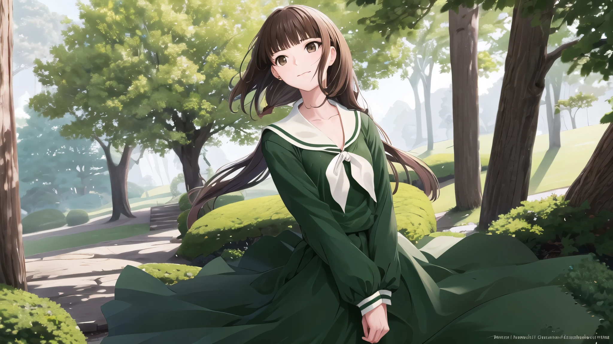 masterpiece, Highest quality, High resolution, aayoshino, , thin, Long Hair, Twin Blade, Brown eyes, Hair that falls over the shoulders, , Sailor collar, neckerchief, Green Shirt, One piece sailor shirt, Long sleeve, Green Skirt, Long skirt, Are standing, Cowboy Shot, Outdoor, White Rose Garden, Person on the right, Shining Face, Slender