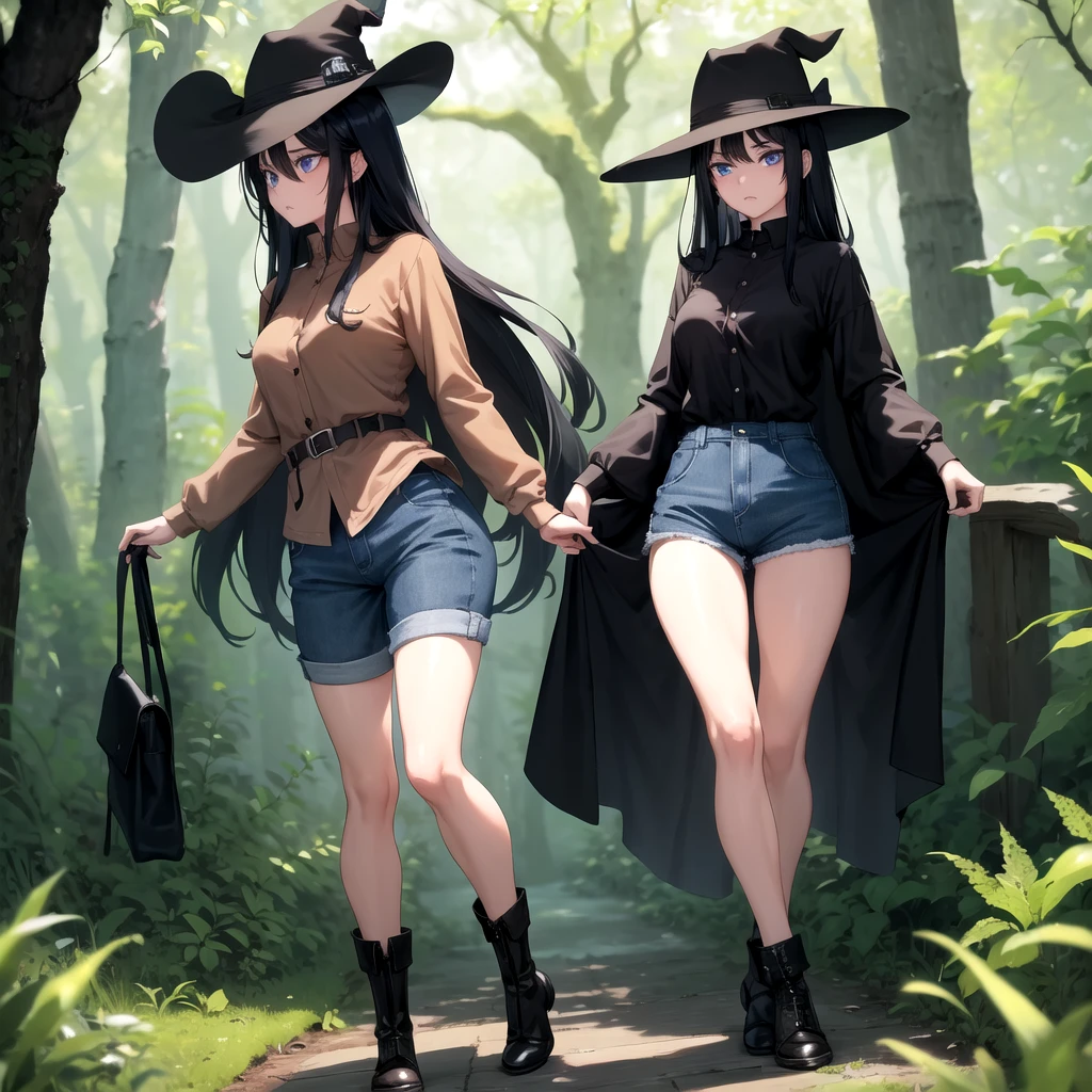 A woman(one) with a long black hair and she wearing a brown hat and she wearing a brown shirt and navy blue shorts..and she wear a boot and a and she got a navy blue eyes she look scared a bit.She is in the forest.