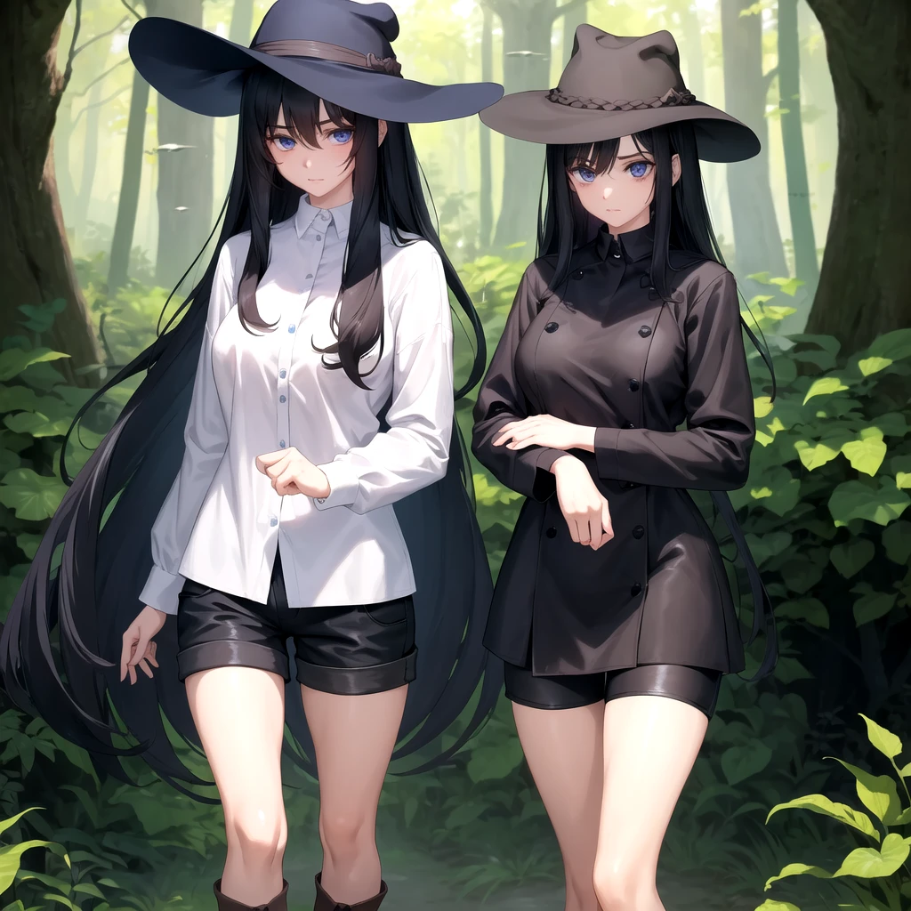 A woman(one) with a long black hair and she wearing a brown hat and she wearing a brown shirt and navy blue shorts..and she wear a boot and a and she got a navy blue eyes she look scared a bit.She is in the forest.