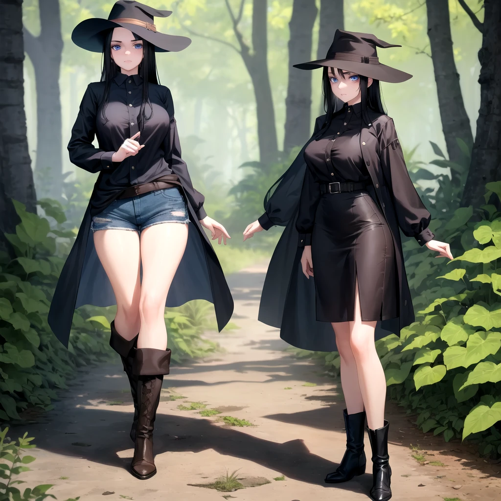 A woman(one) with a long black hair and she wearing a brown hat and she wearing a brown shirt and navy blue shorts..and she wear a boot and a and she got a navy blue eyes she look scared a bit.She is in the forest.