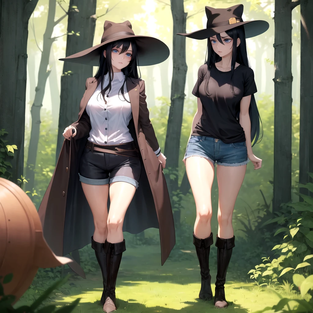 A woman(one) with a long black hair and she wearing a brown hat and she wearing a brown shirt and navy blue shorts..and she wear a boot and a and she got a navy blue eyes she look scared a bit.She is in the forest.