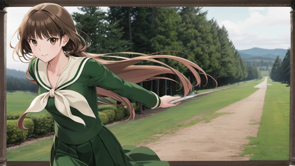 masterpiece, Highest quality, High resolution, aayoshino, , thin, Long Hair, Twin Blade, Brown eyes, Hair that falls over the shoulders, , Sailor collar, neckerchief, Green Shirt, One piece sailor shirt, Long sleeve, Green Skirt, Long skirt, Are standing, Cowboy Shot, Outdoor, White Rose Garden, Person on the right, Shining Face, Slender