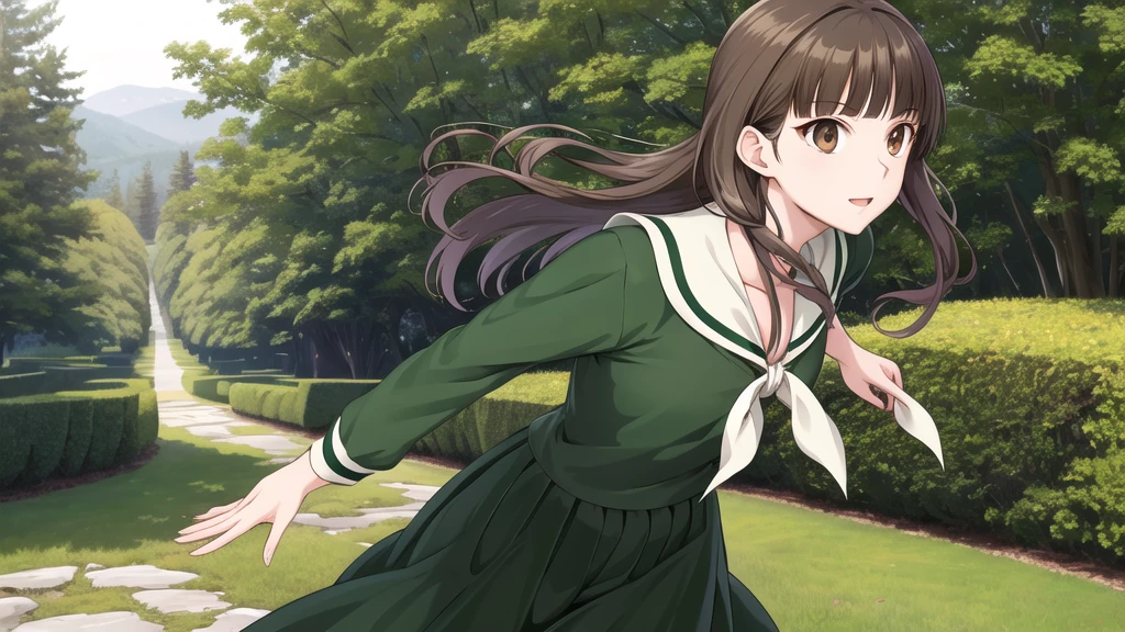 masterpiece, Highest quality, High resolution, aayoshino, , thin, Long Hair, Twin Blade, Brown eyes, Hair that falls over the shoulders, , Sailor collar, neckerchief, Green Shirt, One piece sailor shirt, Long sleeve, Green Skirt, Long skirt, Are standing, Cowboy Shot, Outdoor, White Rose Garden, Person on the right, Shining Face, Slender
