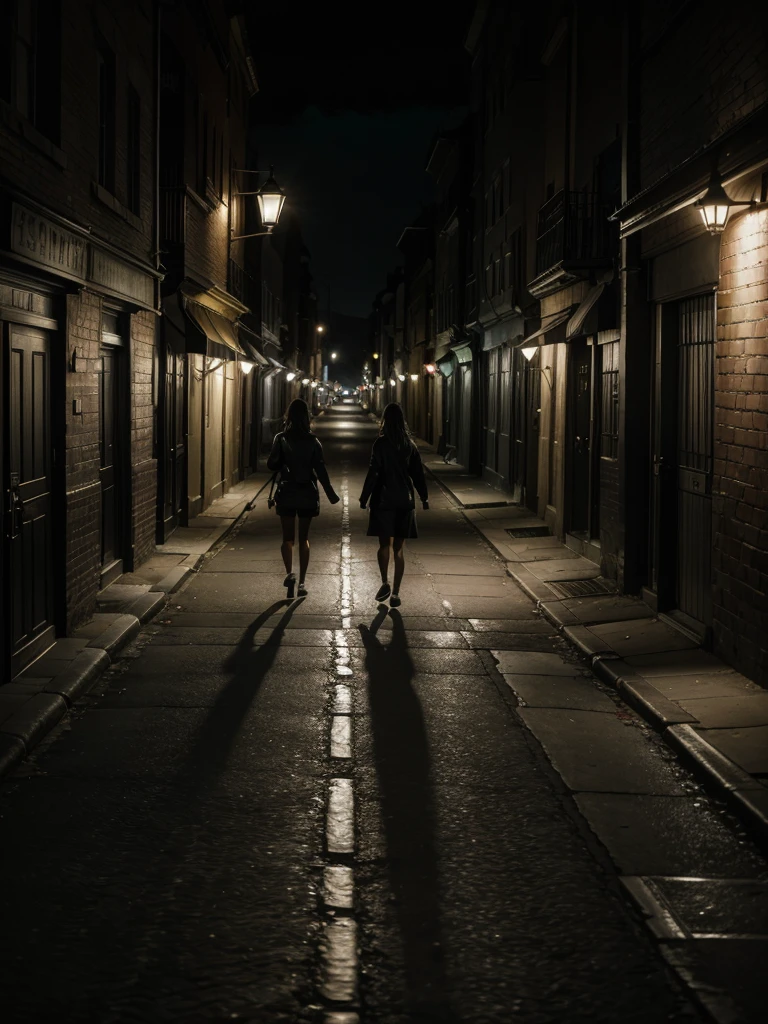 Dark street with streetlights on and completely black people walking