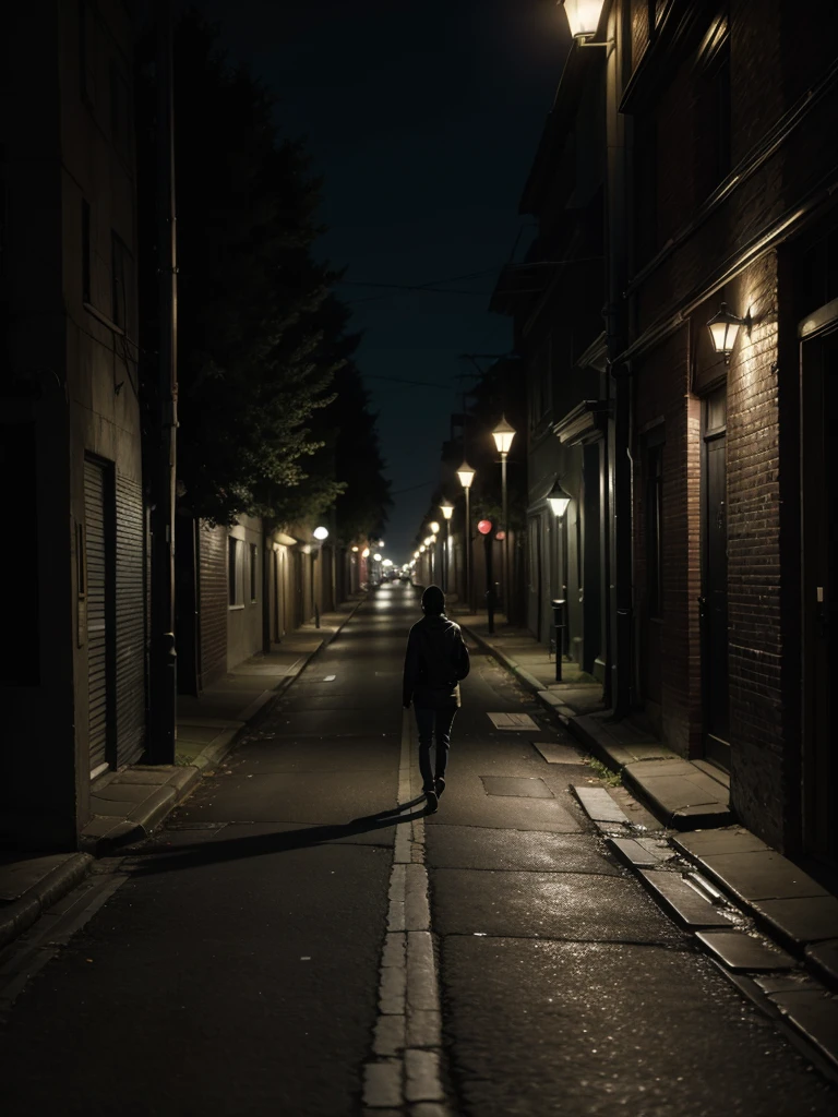 Dark street with streetlights on and completely black people walking