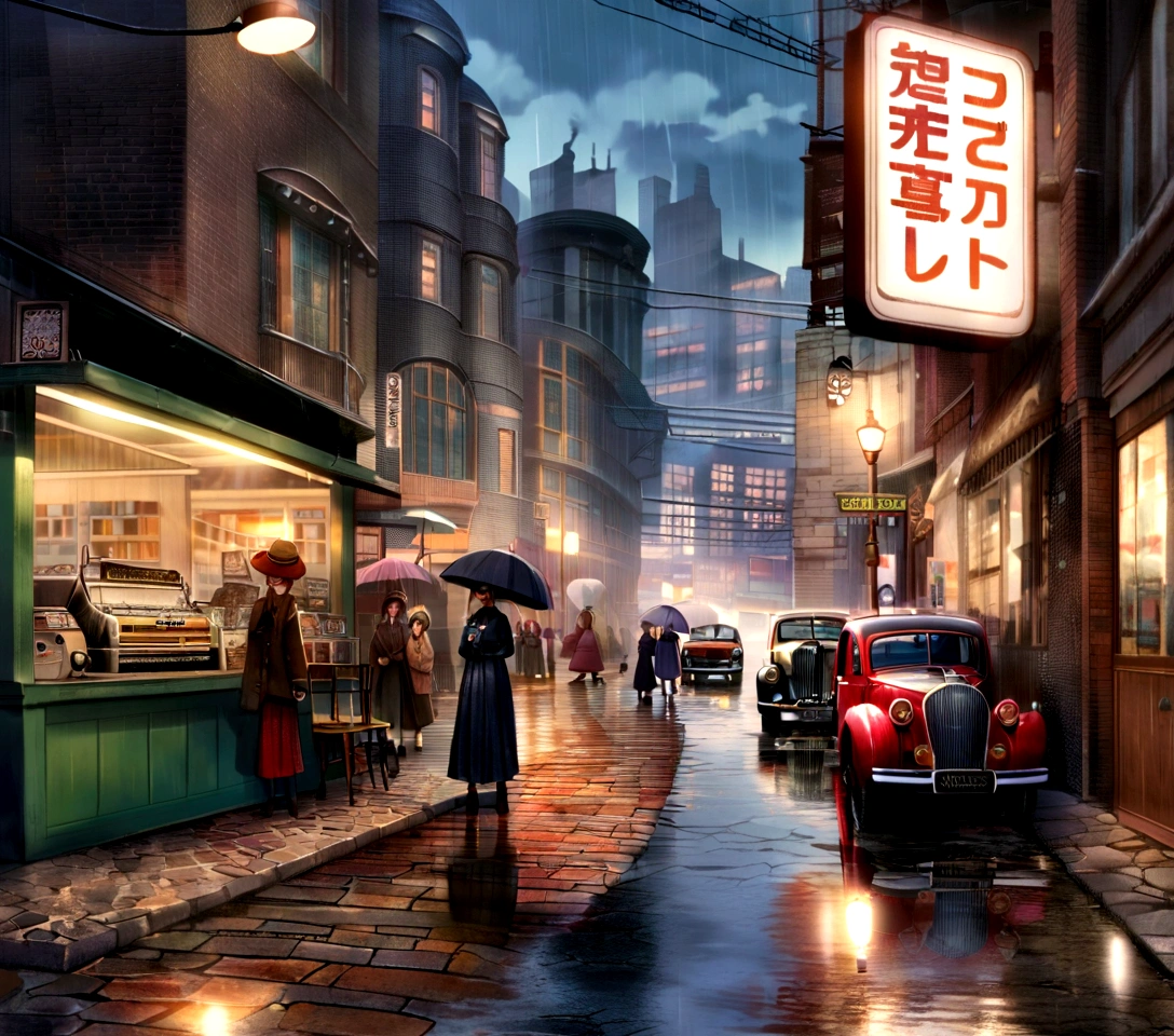 Old Cars, Busy pedestrians, Lively atmosphere, Tall buildings, reflection in puddle, City skyline, Urban decay, Graffiti, Cobblestone Street, Retro店面, Smoggy streets, Rainy Day, Neon, Motion Blur, Street vendors, Metro entrance, Steam coming out of the manhole cover, display, Jazz music, IconicLandmarks, art deco buildings, Retro时尚, Retro, Bustling cafe, Street Performers, heavy traffic, brick buildings, Fire exits, Old-fashioned lampposts, Retro自行车, stylish hat, newsstand, Bustling market, car, Rusty Metal, Cityscape at dusk, Shadows and Highlights, Brick Wall, Cast iron door, Old telephone booth, aged texture, typewriter, Vinyl Records, Wooden bench, Street Lights, Fashion boutiques, nostalgic vibes，Front view，front