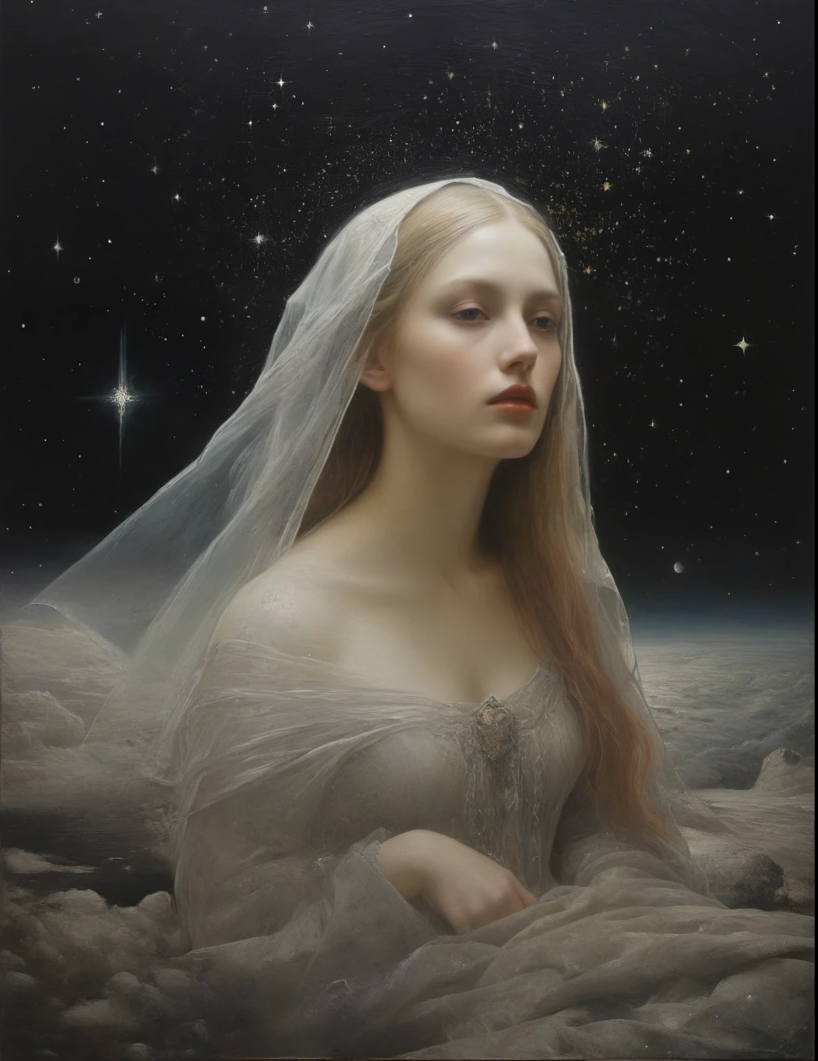 James Gurney, Surrealist art , dream-like, mysterious, Provocative, symbolic, Complex, detailed,, (Gothic but very beautiful:1.4), (masterpiece, Highest quality:1.4) , Nicola Samori Style,  Starry Sky、woman、I