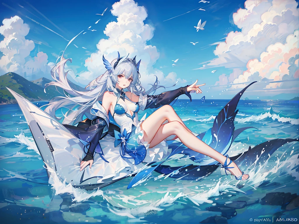 girl、Symmetric，daughter，whole body 女恋，Let&#39;s join hands and make it bloom，（Very detailed:1.1），((small :1.2))、The eyes are well drawn、Attractive eyes、Double Tail、Wearing jewelry or pearls around the neck，Transparent openwork、Deep V、Crystal Pearl、在Wearing jewelry or pearls around the neck，Gray Hair, Show off your thighs, Bare shoulders, Show Collarbone, Yao Liu, barefoot，((whole body))、Painful posture