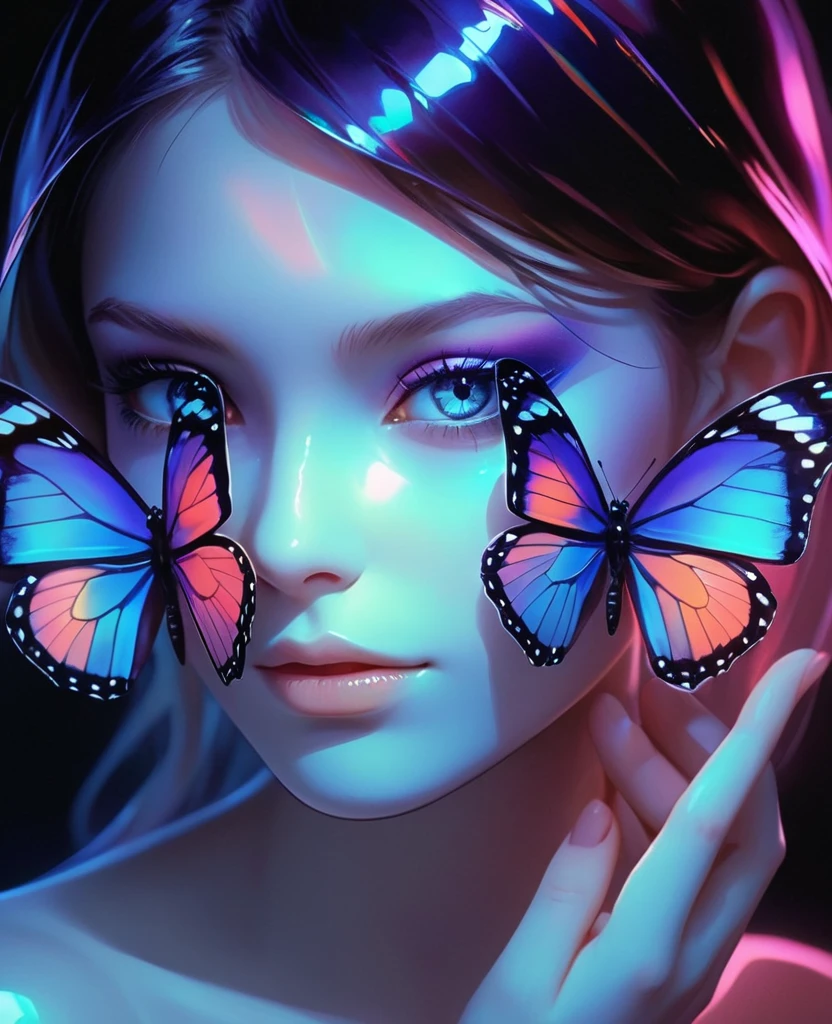 a girl,There are two butterflies on the face,futuristic,Low light environment,One hand covers part of the face,close-up,Shadow combining laser and prism,Brilliant fantasy colors,laser aesthetic,soft glowing,stunning,impasto,2D digital artwork, comic,animelaser transparent pvc texture,prism,gorgeoussacred beautiful girl,Acrylic paint, butterfly, resting on the face, brilliant colors, thick coating