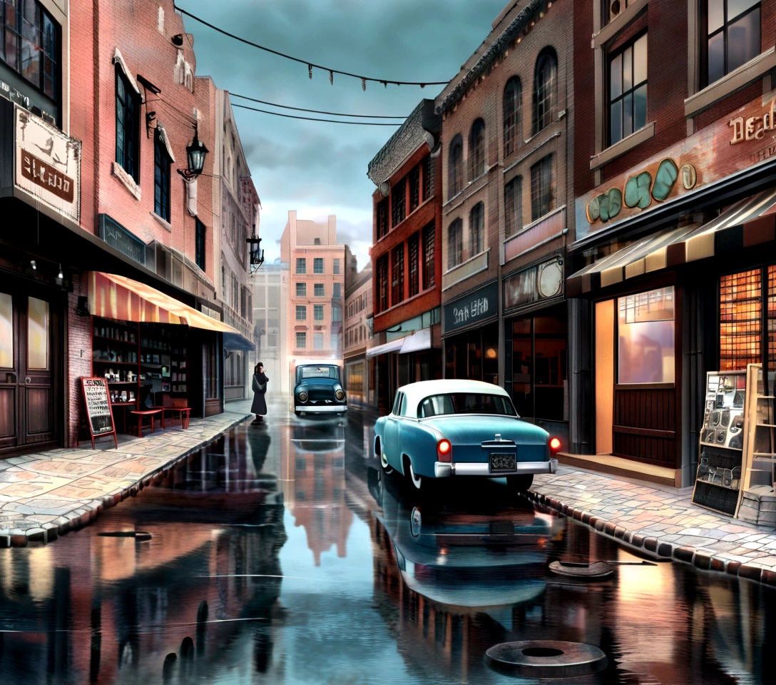 Old Cars, Busy pedestrians, Lively atmosphere, High buildings, reflection in puddle, City skyline, Urban decay, Graffiti, Cobblestone Street, Retro店面, Smoggy streets, Rainy Day, Neon, Motion Blur, Street vendors, Metro entrance, Steam coming out of the manhole cover, display, Jazz music, IconicLandmarks, art deco buildings, Retro时尚, Retro, Bustling cafe, Street Performers, heavy traffic, brick buildings, Fire exits, Old-fashioned lampposts, Retro自行车, stylish hat, newsstand, Bustling market, car, Rusty Metal, Cityscape at dusk, Shadows and Highlights, Brick Wall, Cast iron door, Old telephone booth, aged texture, typewriter, Vinyl Records, Wooden bench, Street Lights, Fashion boutiques, nostalgic vibes