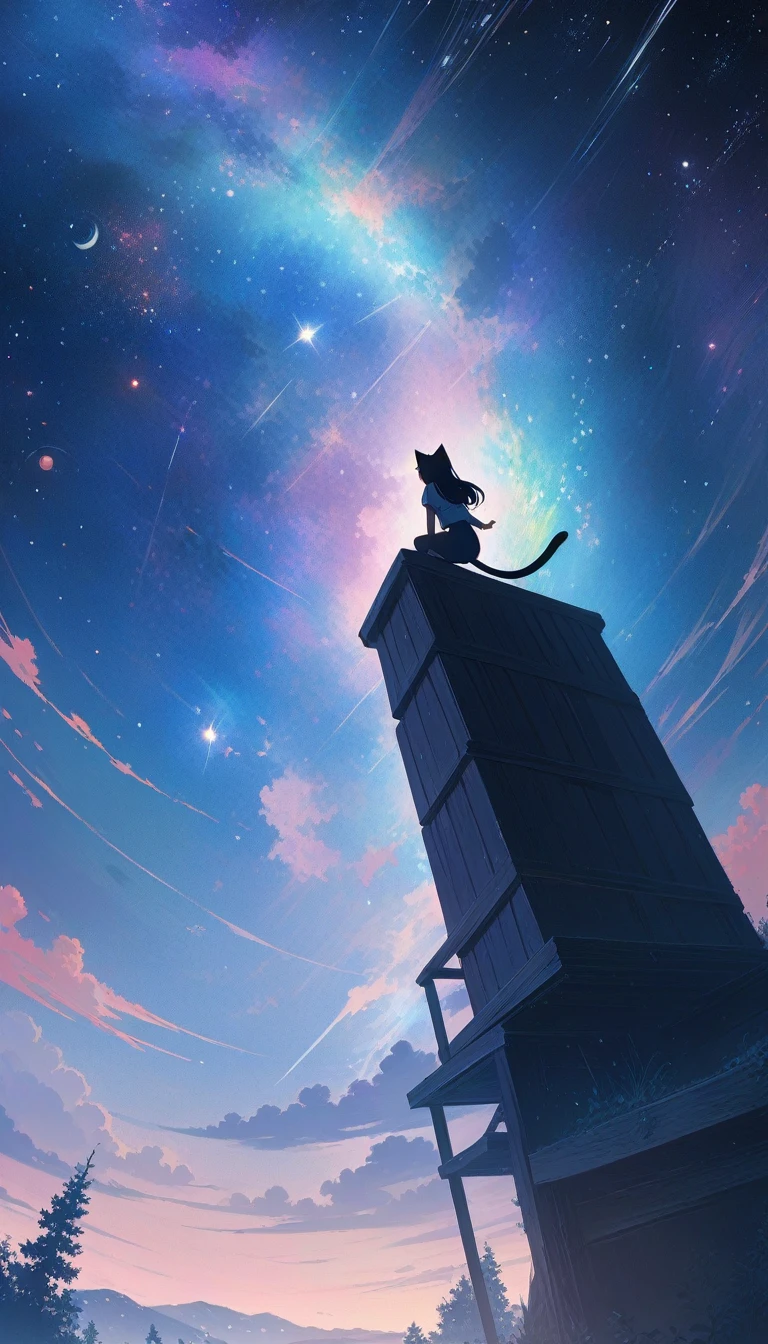 Anime cat-ear girl sitting on a shelf looking at the sky, Anime drawings inspired by Makoto Shinkai, Popular on Pixiv, Space art, Cyril Rolland, 4k anime wallpaper, anime art wallpaper 8 k, Anime Art Wallpaper 4K, Anime Wallpaper 4K, Anime Wallpaper 4K, Anime Wallpaper 4K