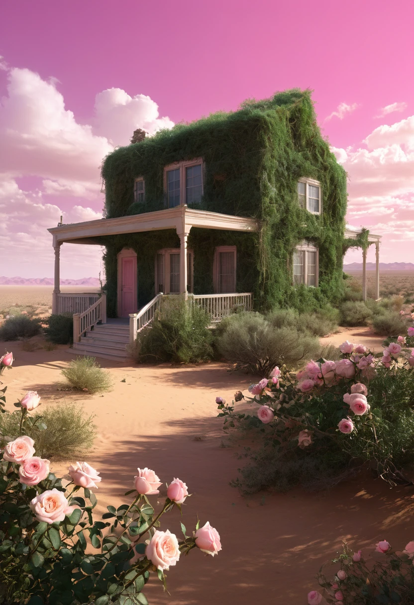 Summer, desert, ((no house)), pink clouds, a land overgrown with roses, James Gurney, art station rendering, ultra-wide lens, high definition