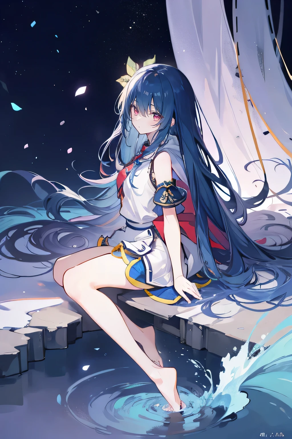 (masterpiece:1.2),Super detailed,lifelike,Expressive eyes,fair skin,perfect face shape,1 girl,
Japanese comics,Gorgeous blue hair,flowing blue hair,flowing clothes,Petals fall,beautiful lola,Baby Angel,
Shaking head with one hand,Cross your legs,Gentle and peaceful background,The pavilion is cool and comfortable,smile, wearing hoodie, background of tokyo,back views,snowing, winter,lie on the water. dark blue gradient hair,asymmetrical hair,((Hair is very thick 1.8,Chiseled hair 1.6)), Hair over the shoulders, Messy hair, Very long hair, shiny hair,(long dark blue hair:1.2),A beautiful girl,(Transparent clothes transparent 1.8),Perfect body,Big thin legs,slender,(Looks very sad,Looks haggard ,sadness,shut your mouth:1.2) Against the backdrop of an unusually bright dark starry sky,(Put your hands behind your back),(round,Room, Strong breasts),barefoot,float,water surface,(long legs,long legs,long legs,Complete)