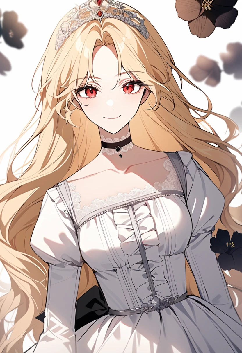 shoujo-style, masterpiece, newest, floral background, romance manhwa, 1girl, blonde hair, solo, long hair, flower, dress, tiara, white dress, gloves, long sleeves, choker, red eyes, white gloves, black bow, black flower, wavy hair, bow, jewelry, looking at viewer, white background, collarbone, puffy sleeves, silver accessories, upper body, parted bangs, very long hair, red dress, frills, bangs, closed mouth, smile, cowboy shot, dynamic pose, dynamic angle, dynamic cut