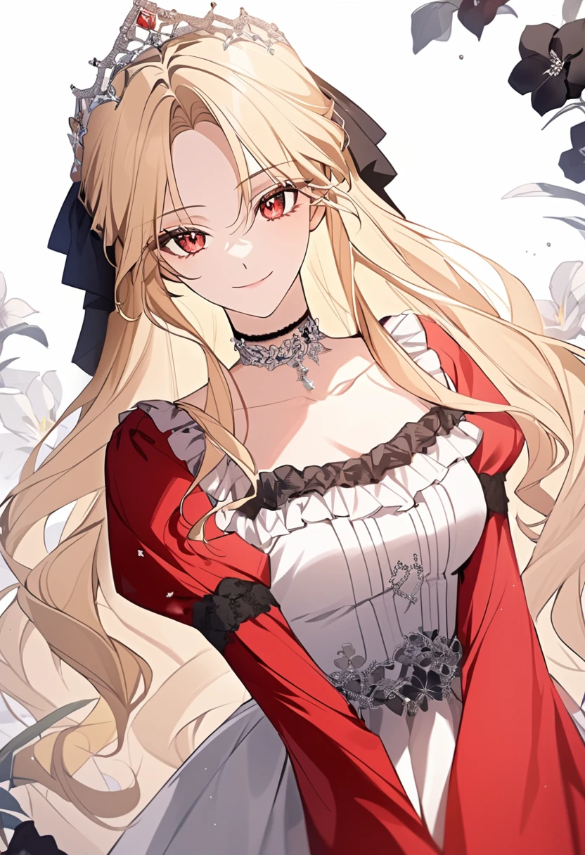 shoujo-style, masterpiece, newest, floral background, romance manhwa, 1girl, blonde hair, solo, long hair, flower, dress, tiara, white dress, gloves, long sleeves, choker, red eyes, white gloves, black bow, black flower, wavy hair, bow, jewelry, looking at viewer, white background, collarbone, puffy sleeves, silver accessories, upper body, parted bangs, very long hair, red dress, frills, bangs, closed mouth, smile, cowboy shot, dynamic pose, dynamic angle, dynamic cut