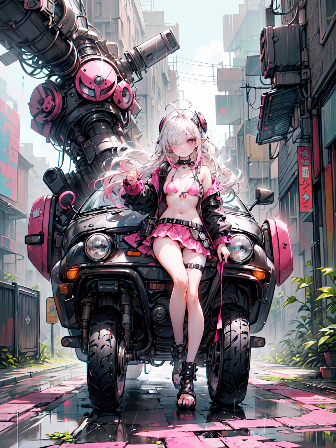 (Highest quality、8K、32k、masterpiece、Hmph:1.3)、(Photorealistic:1.4),((Shoot from the front,View your viewers,(whole body:1.5),)),((18-year-old punk girl,Unusual punk hair、Bright black and pink hair:1.3)),((Pink and black punk fashion、Flared mini skirt、Micro Bikini:1.5))、((In her right hand she is holding a pink electric guitar:1.5)、Clothes with studs、Stuffed rabbit、Back backpack、Wacky makeup、A desolate town soaked in rain,Puddles on the road、(Cinema Lighting)、Written boundary depth,Blurred Background、Organic Armor Cyborg、Machine Armor、Armor Texture、Blake、非常にdetailed (Dark Elf), (1 Girl), alone, Perfect Face, detailed, Ahoge, ((Long Hair:1.2)), (Hair above one eye:1.3), [[Messy Hair]], Shiny blonde white hair, Purple eyes, Variegated eyes, Colorful Hair, Shining Eyes, Bright Eyes, Face imprint, (eyelash, eye shadow, pink eye shadow), smile, Design Art：Haruhiko Mikimoto, by Kawashi, By Yoshitaka Amano
