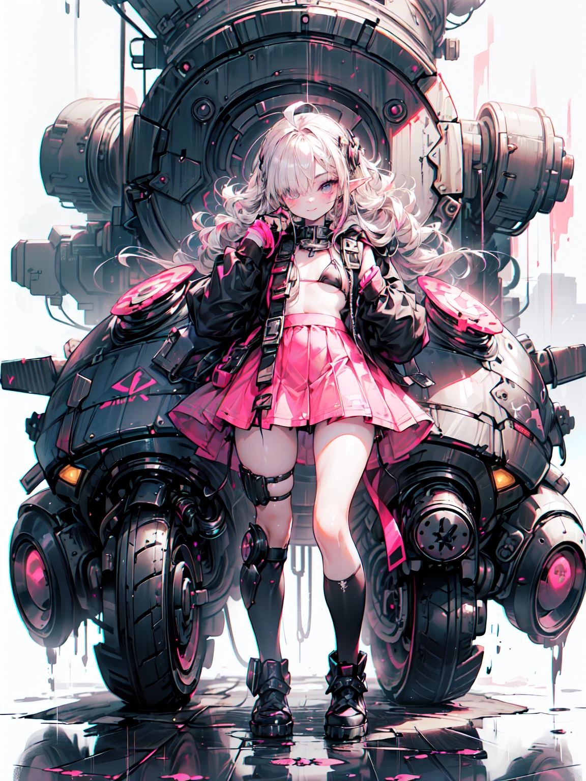 (Highest quality、8K、32k、masterpiece、Hmph:1.3)、(Photorealistic:1.4),((Shoot from the front,View your viewers,(whole body:1.5),)),((18-year-old punk girl,Unusual punk hair、Bright black and pink hair:1.3)),((Pink and black punk fashion、Flared mini skirt、Micro Bikini:1.5))、((In her right hand she is holding a pink electric guitar:1.5)、Clothes with studs、Stuffed rabbit、Back backpack、Wacky makeup、A desolate town soaked in rain,Puddles on the road、(Cinema Lighting)、Written boundary depth,Blurred Background、Organic Armor Cyborg、Machine Armor、Armor Texture、Blake、非常にdetailed (Dark Elf), (1 Girl), alone, Perfect Face, detailed, Ahoge, ((Long Hair:1.2)), (Hair above one eye:1.3), [[Messy Hair]], Shiny blonde white hair, Purple eyes, Variegated eyes, Colorful Hair, Shining Eyes, Bright Eyes, Face imprint, (eyelash, eye shadow, pink eye shadow), smile, Design Art：Haruhiko Mikimoto, by Kawashi, By Yoshitaka Amano
