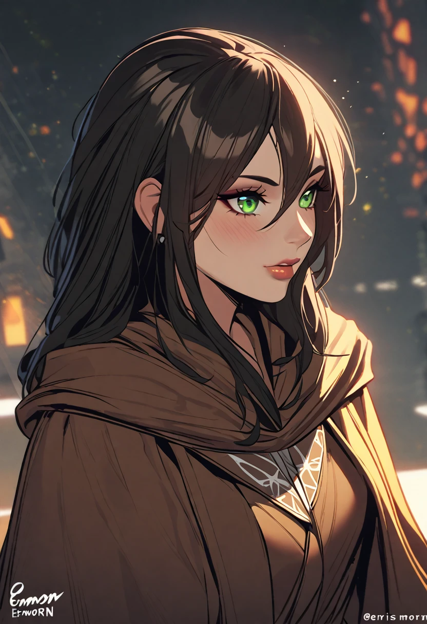 An anime woman with three green eyes, dressed in a ling brown robe and cloak, black strands of hair, Destiny 2, Eris morn