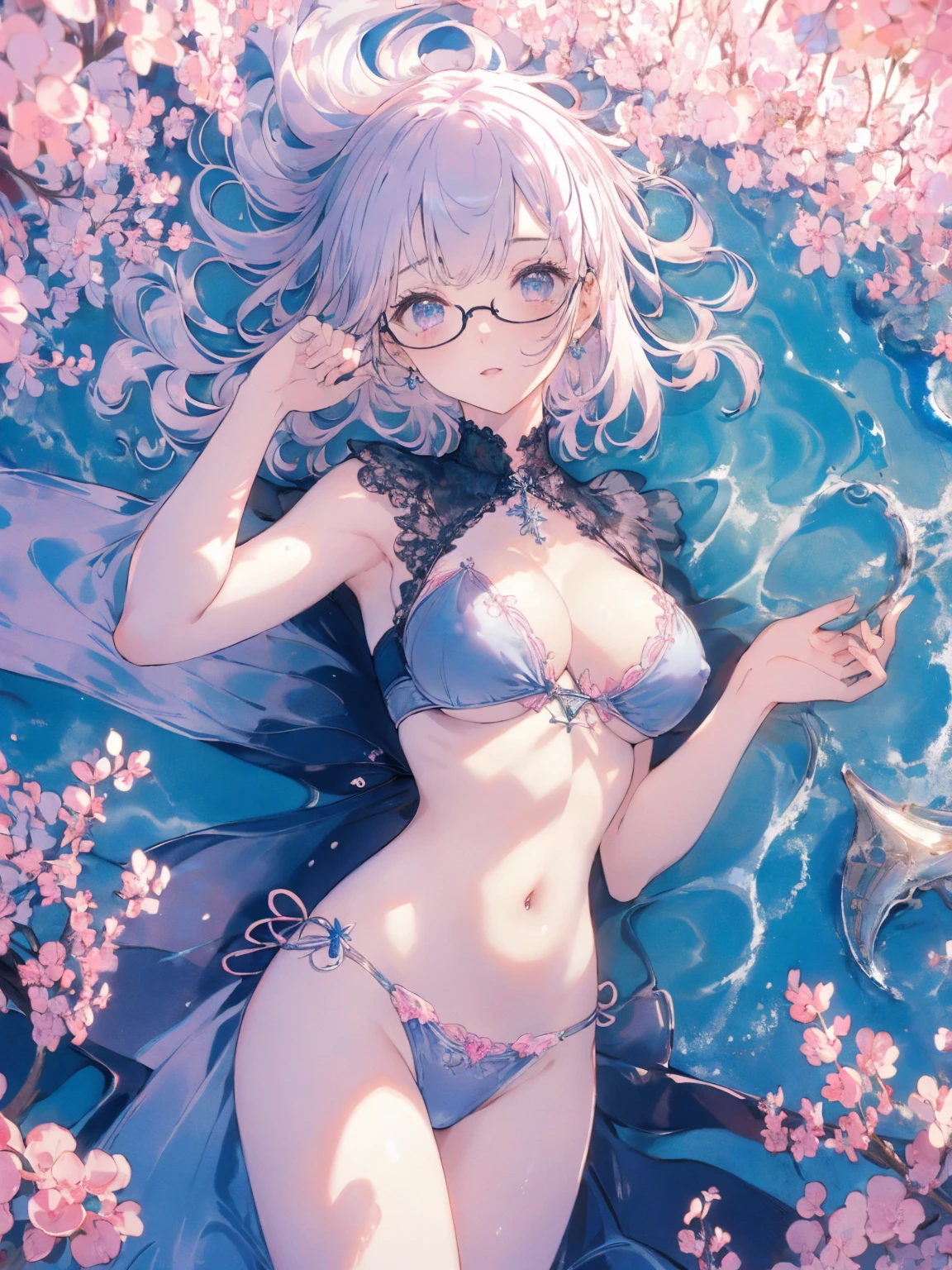 (seaside photo:1.1, in blue marine:1.5), Masterpiece, best quality, (very detailed CG unity 8k wallpaper), (best quality), High definition RAW color art, Animation,sculptures, (pink Marble Skin), (((Ultra detailed elegant))), Magical atmosphere, Detailed skin, Texture,(Intricately detailed, Fine detail, ultra-detail art), depth of fields, bokeh, Silky Touch, Hyper Detail, beautiful eyes, Elegant Face, (lying on pastel pink waterfront), sparkle background, enormous breast:1.3, (silver hair), pastel purple,, muscle, embarrassing red face, wide open udder, shorthair, Round Glasse:1.4, bikini