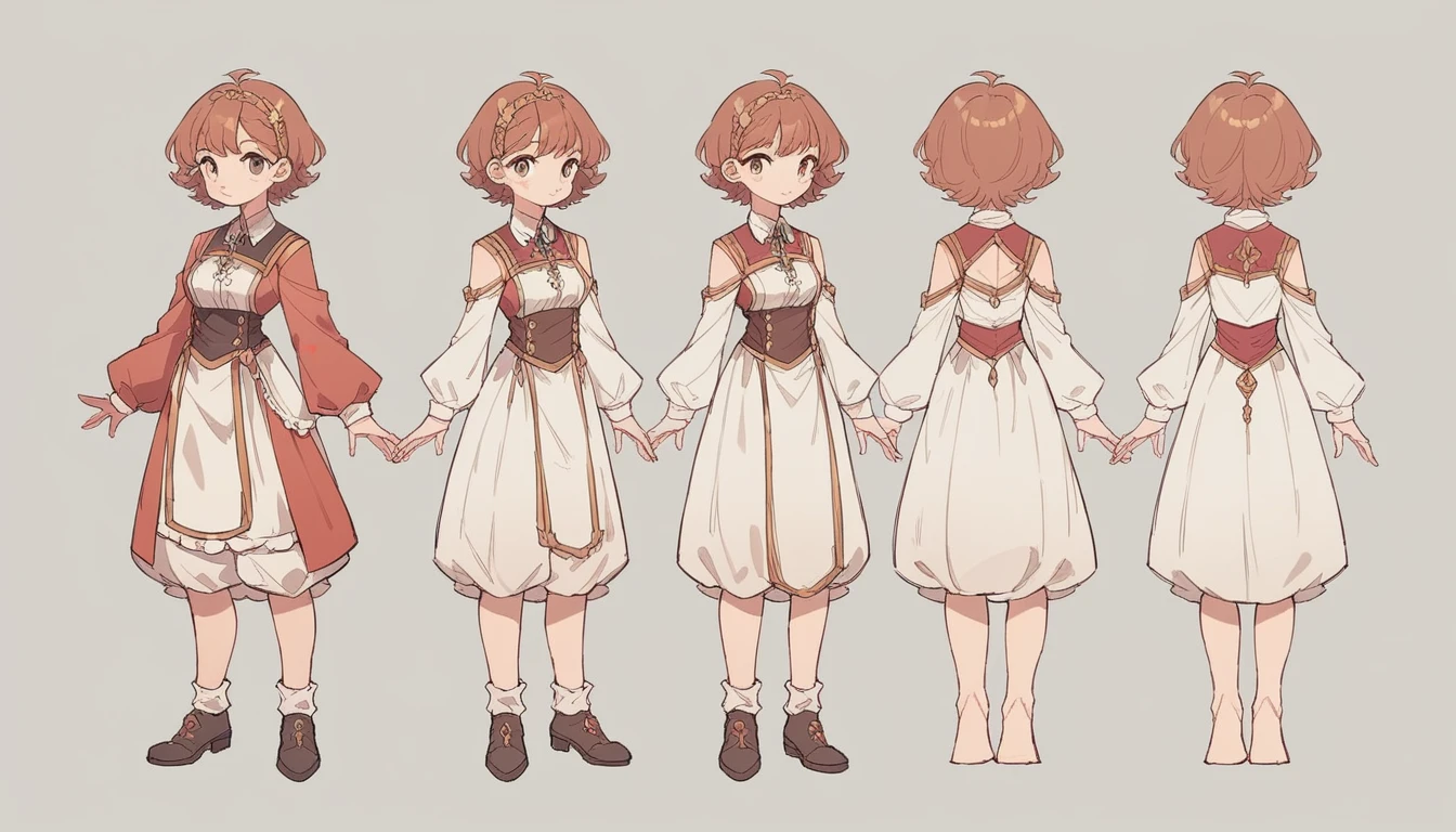 (best quality, masterpiece), 1girl, 15 yo,cute, standing girl, three view drawing, front and back and side, character sheet,full body,simple background,