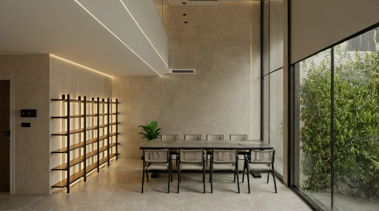 Raw photo, Masterpiece, high quality, best quality, authentic, super detail, interior, indoors, livingroom style modern, plant,chair,floor tile, daylight, table dining,window glass, daylight:2.2), vivid colors, (realistic:2.3),