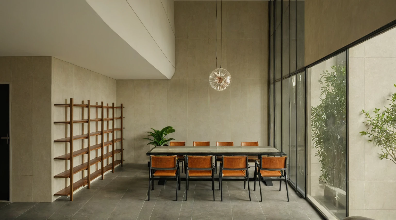 Raw photo, Masterpiece, high quality, best quality, authentic, super detail, interior, indoors, livingroom style modern, plant,chair,floor tile, daylight, table dining,window glass, daylight:2.2), vivid colors, (realistic:2.3),