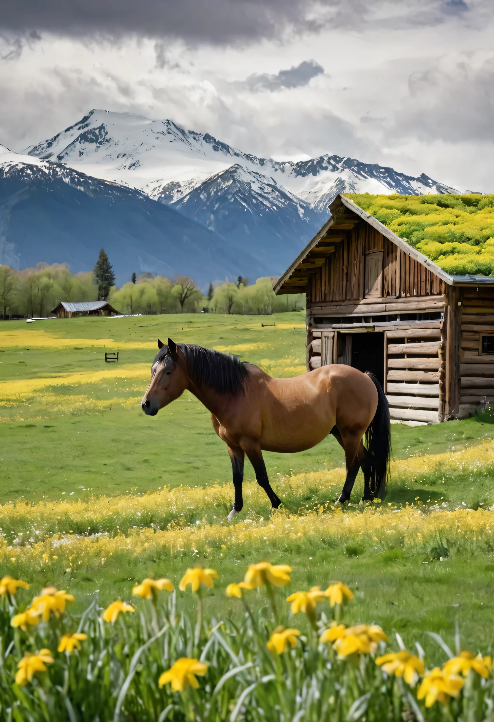 A brown wooden barn with a green roof in a lush green field of yellow flowers. There is a horse grazing in the foreground and snow-capped mountains in the background. The barn is made of wood and has a large door in front. The roof is green and has a slight坡度. The field is full of yellow flowers and there is a small stream running through it. The horse is brown and has a black mane and tail. It is grazing on the grass and looking at the camera. The mountains in the background are covered in snow and there are clouds in the sky. The image has a warm and inviting atmosphere.