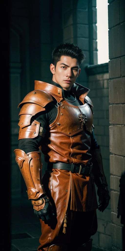 超High resolution, Highest quality, photograph, 4K, (photographrealistic: 1.4), Cinema Lighting, (上半身裸のMuscular man), Muscular man, A man wearing crimson medieval armour on his lower body, Environment Cyberpunk, cathedral, Portal of the future, 3D light, High resolution, magic, light god, Backlight, Detailed face, Contrasting, Smooth Skin, Soft hands, Correct Anatomy, Five Fingers.No upper body armor
