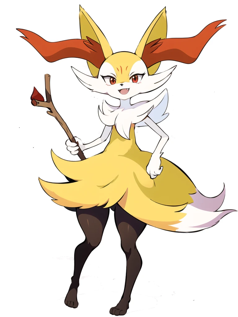 1girl, 独奏, looking at viewer, smile, open mouth, simple background, red eyes, white background, holding, animal ears, standing, tail, full body, fang, hand up, signature, flat chest, animal ear fluff, fox ears, pokemon (creature), fox tail, happy, fox girl, furry, skin fang, furry female, body fur, white fur, animal nose, snout, stick, yellow fur, black fur, holding stick, digitigrade, multicolored fur , braixen, 8K, masterpiece, beautiful,Redraw it with a beautiful anime picture、Don&#39;t change the design