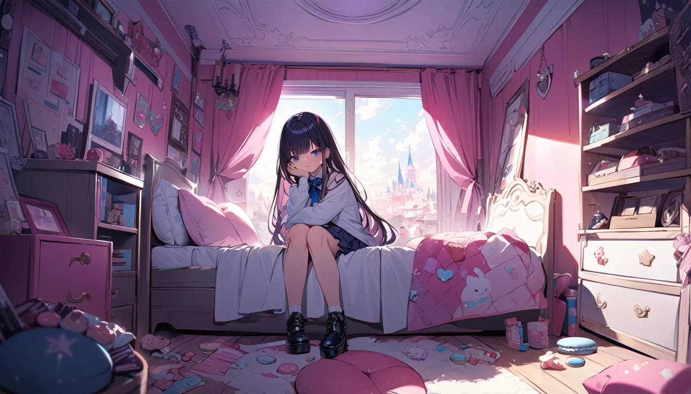 BREAK 1 girl, long hair, black hair, straight hair, short bangs above brows, blue eyes, (worried), open mouth,
BREAK (masterpiece), (high resolution 8K), cinematic lighting, professional lighting, detailed eyes and face, detailed body,
BREAK white shirt, blue bowtie, pleated skirt,
BREAK very wide, panorama view, sense of depth, magnificent view,
BREAK pink kawaii room, pink gothic room, messy room, Marchen, macarons, Candy, heart item, ribbon, star item, small window, Miscellaneous goods are placed in a mess, dresser, antimacassar ,