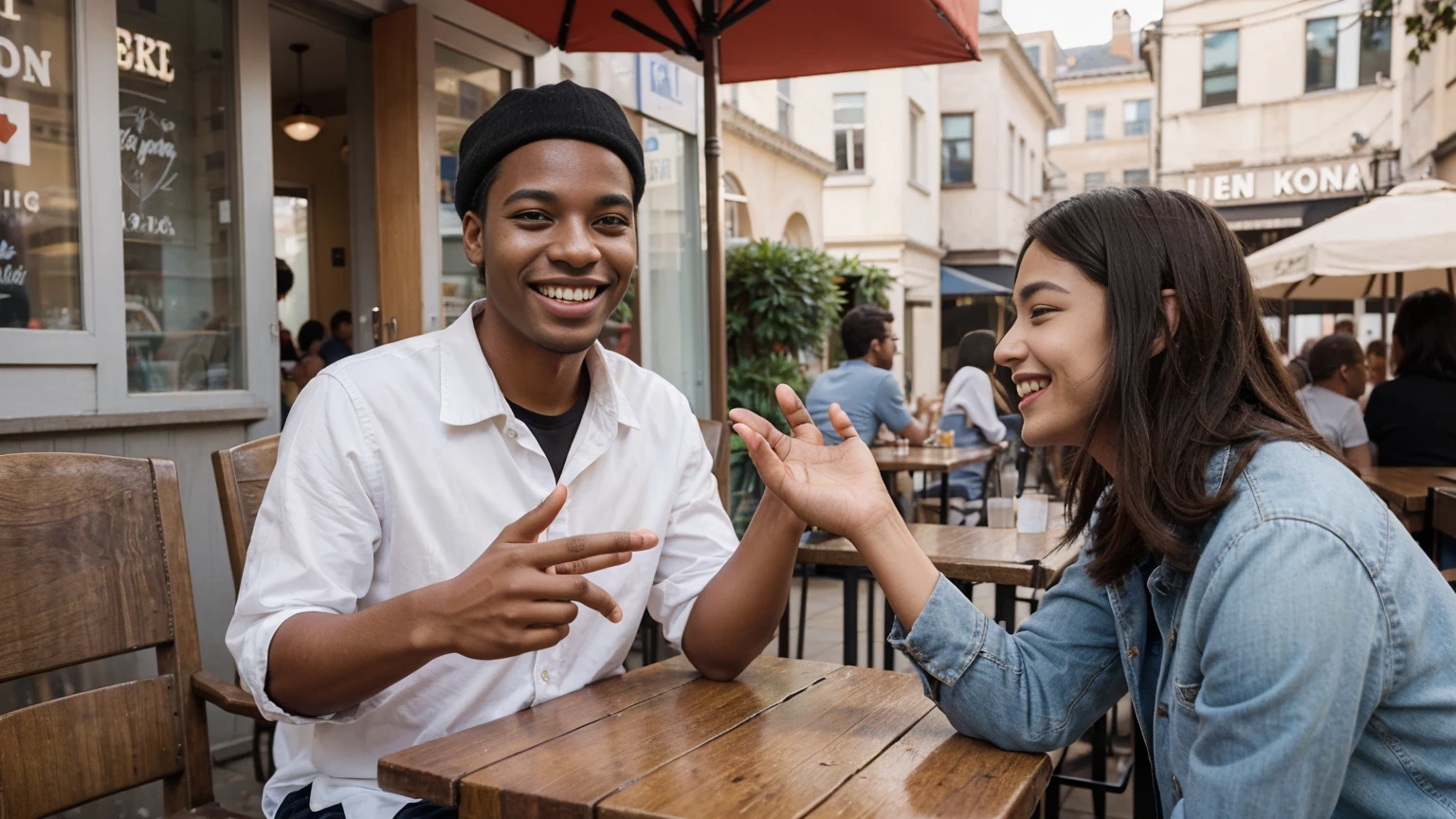 Portrait of joyous young guy smiling and waving hand having appointment with friend in street cafe