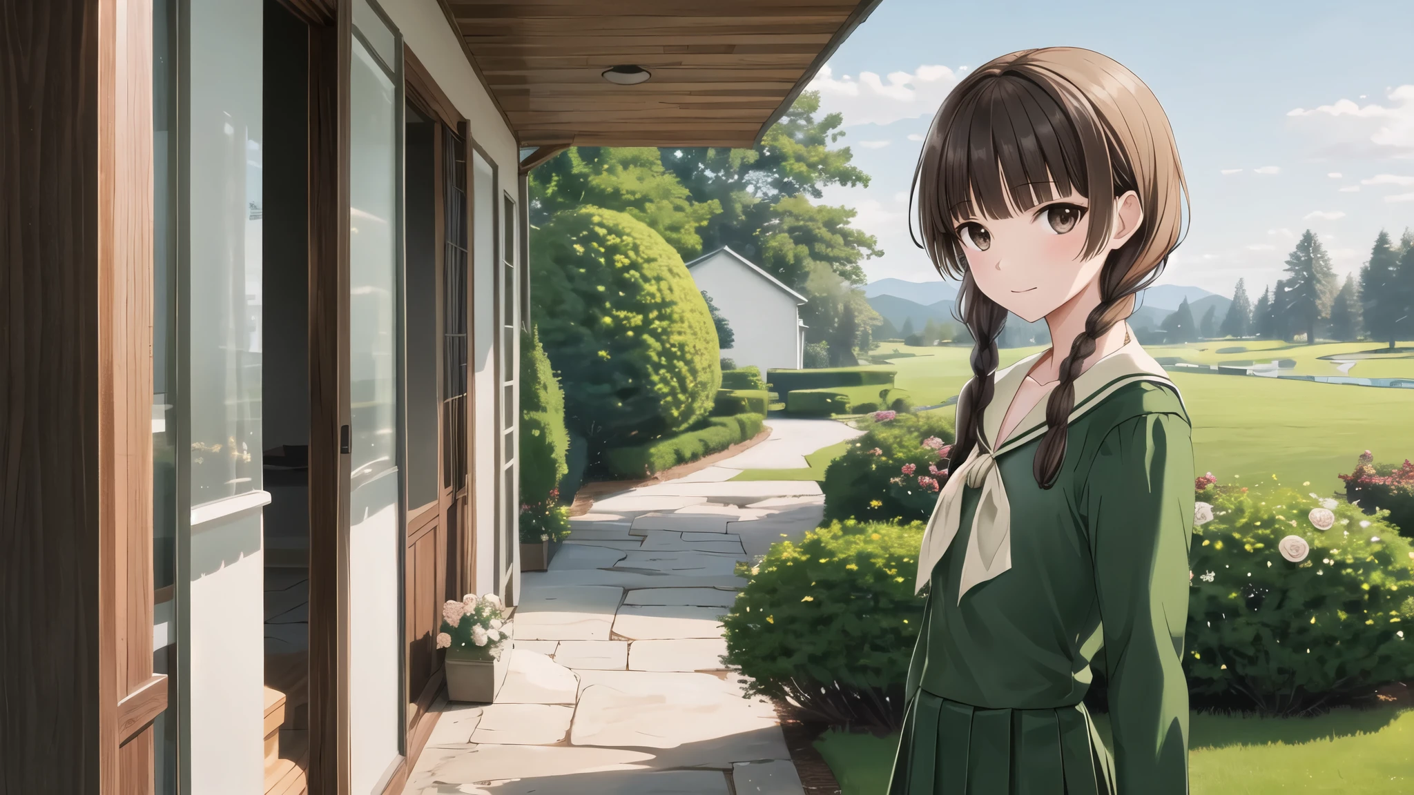 masterpiece, Highest quality, High resolution, aayoshino, , thin, Long Hair, Twin Blade, Brown eyes, Hair that falls over the shoulders, , Sailor collar, neckerchief, Green Shirt, One piece sailor shirt, Long sleeve, Green Skirt, Long skirt, Are standing, Cowboy Shot, Outdoor, White Rose Garden, Person on the right, Shining Face, Slender