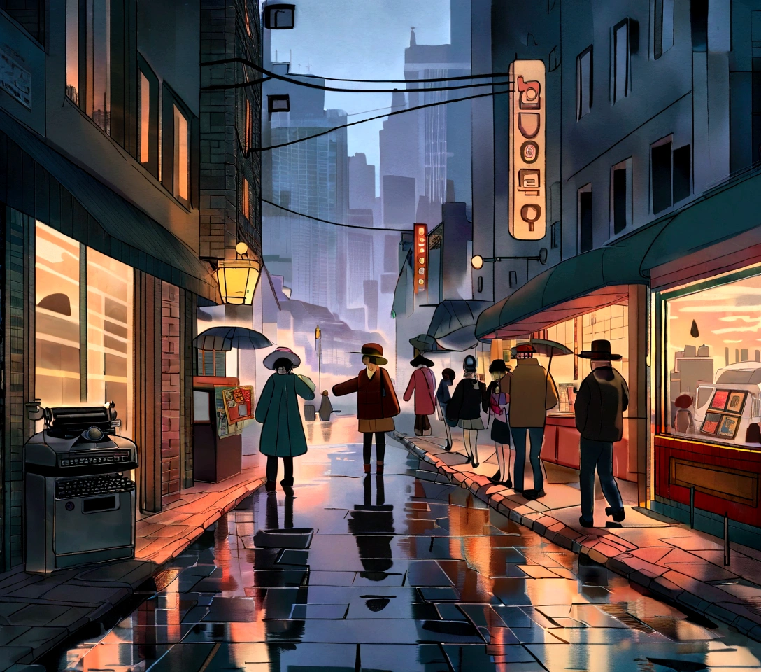 Old Cars, Busy pedestrians, Lively atmosphere, Tall buildings,A wall,front建筑, reflection in puddle, City skyline, Urban decay, Graffiti, Cobblestone Street, Retro店面, Smoggy streets, Rainy Day, Neon, Motion Blur, Street vendors, Metro entrance, Steam coming out of the manhole cover, display, Jazz music, IconicLandmarks, art deco buildings, Retro时尚, Retro, Bustling cafe, Street Performers, heavy traffic, brick buildings, Fire exits, Old-fashioned lampposts, Retro自行车, stylish hat, newsstand, Bustling market, car, Rusty Metal, Cityscape at dusk, Shadows and Highlights, Brick Wall, Cast iron door, Old telephone booth, aged texture, typewriter, Vinyl Records, Wooden bench, Street Lights, Fashion boutiques, nostalgic vibes,Front view,front