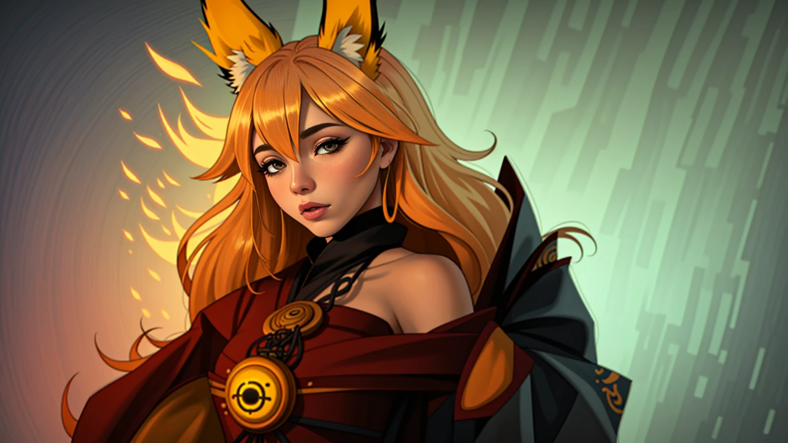 1girl,solo,, official art, unity 8k wallpaper, ultra detailed, beautiful and aesthetic, beautiful, masterpiece, best quality,, Kitsune witch, fox mask, haori jacket, foxfire spell, fox familiar, transformation,