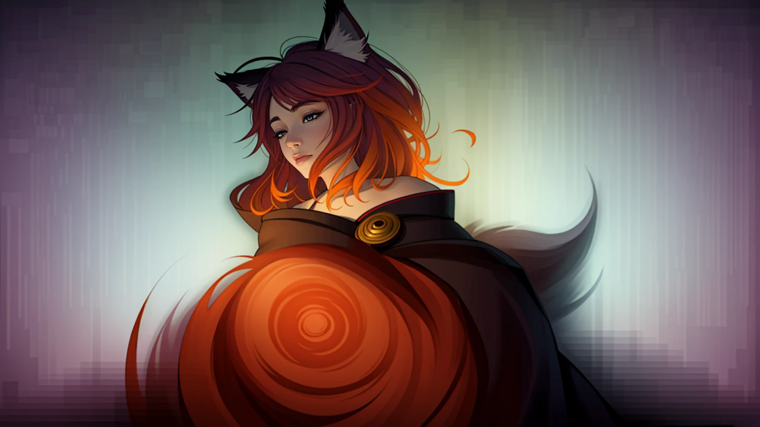 1girl,solo,, official art, unity 8k wallpaper, ultra detailed, beautiful and aesthetic, beautiful, masterpiece, best quality,, Kitsune witch, fox mask, haori jacket, foxfire spell, fox familiar, transformation,