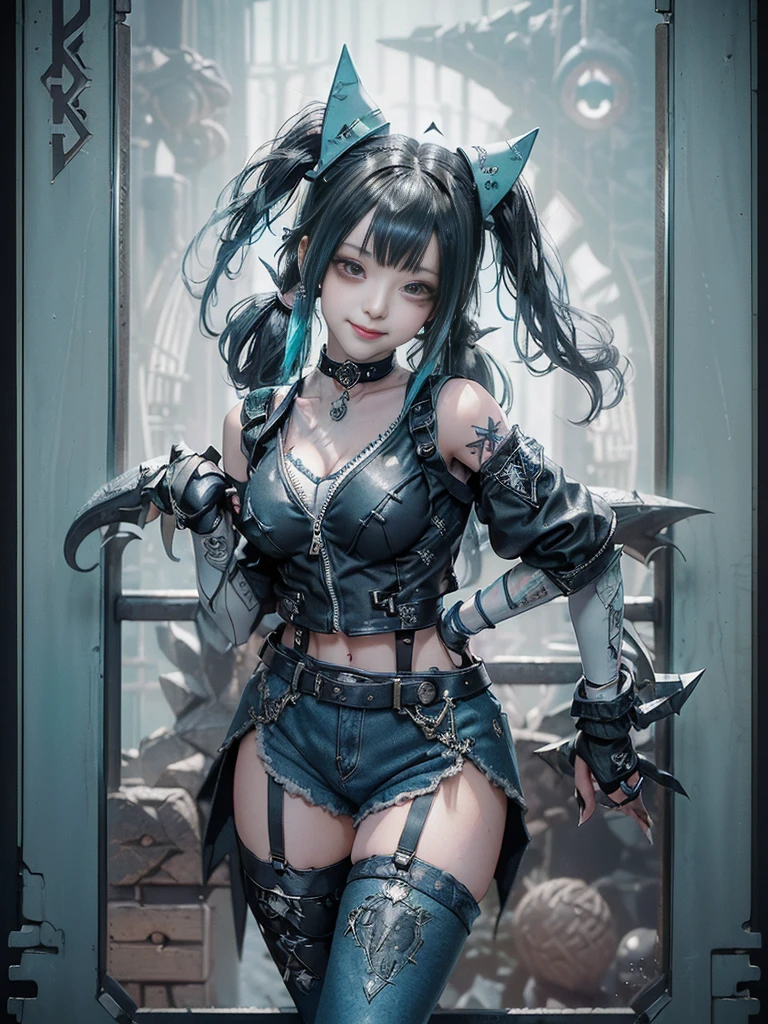 (Full body view:1.4)、(Full Body View:1.4)、(Side view:1.1)、(Smiling with teeth showing:1.3),(Shibuya Gal:1.5)、(Maid café clerk:1.5)、(Punk RockVisual Kei:1.4)、(Turquoise, navy and denim medieval noble zip up:1.5)、(Navy and white arm covers and bugle pants:1.5)、(Blue high heels:1.3)、(Wearing silver accessories:1.5)、(Dark brown collar:1.4)、(Leather garter belt:1.4)、(Brown Skin Belt:1.3)、(Black lace underwear:1.5)、20-year-old、NSFW、((Highest quality、In 8K、masterpiece:1.3))、Sharp focus:1.2、(Layered Cut、Huge boobs:1.1),Beautiful woman with perfect figure:1.4、(Doing an aerobics pose:1.3)、Slender Abs:1.2、Highly detailed face and skin texture、Detailed eyes、double eyelid,(Twin tails:1.3)、(Black Hair:1.3)、Gravure idol、(A fairytale-like cafe with a lush tree background:1.3)、(Slim body:1.3),(Make your legs thinner:1.4),(Thin, thin thighs:1.3)、(clavicle:1.1)