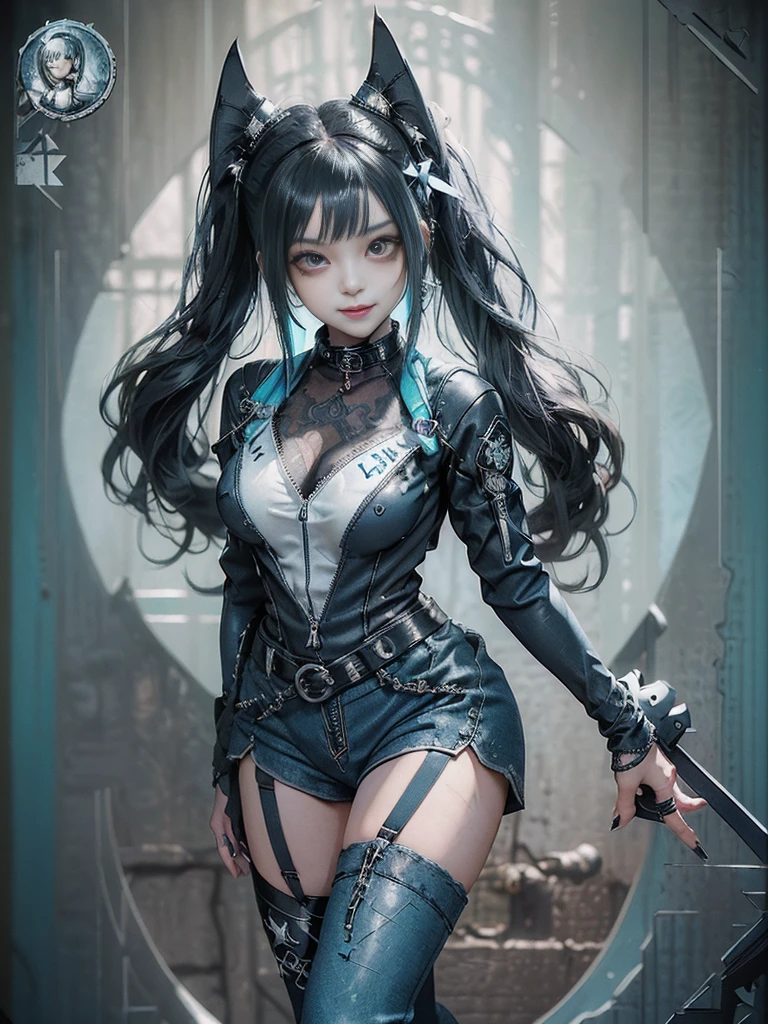 (Full body view:1.4)、(Full Body View:1.4)、(Side view:1.1)、(Smiling with teeth showing:1.3),(Shibuya Gal:1.5)、(Maid café clerk:1.5)、(Punk RockVisual Kei:1.4)、(Turquoise, navy and denim medieval noble zip up:1.5)、(Navy and white arm covers and bugle pants:1.5)、(Blue high heels:1.3)、(Wearing silver accessories:1.5)、(Dark brown collar:1.4)、(Leather garter belt:1.4)、(Brown Skin Belt:1.3)、(Black lace underwear:1.5)、20-year-old、NSFW、((Highest quality、In 8K、masterpiece:1.3))、Sharp focus:1.2、(Layered Cut、Huge boobs:1.1),Beautiful woman with perfect figure:1.4、(Doing an aerobics pose:1.3)、Slender Abs:1.2、Highly detailed face and skin texture、Detailed eyes、double eyelid,(Twin tails:1.3)、(Black Hair:1.3)、Gravure idol、(A fairytale-like cafe with a lush tree background:1.3)、(Slim body:1.3),(Make your legs thinner:1.4),(Thin, thin thighs:1.3)、(clavicle:1.1)