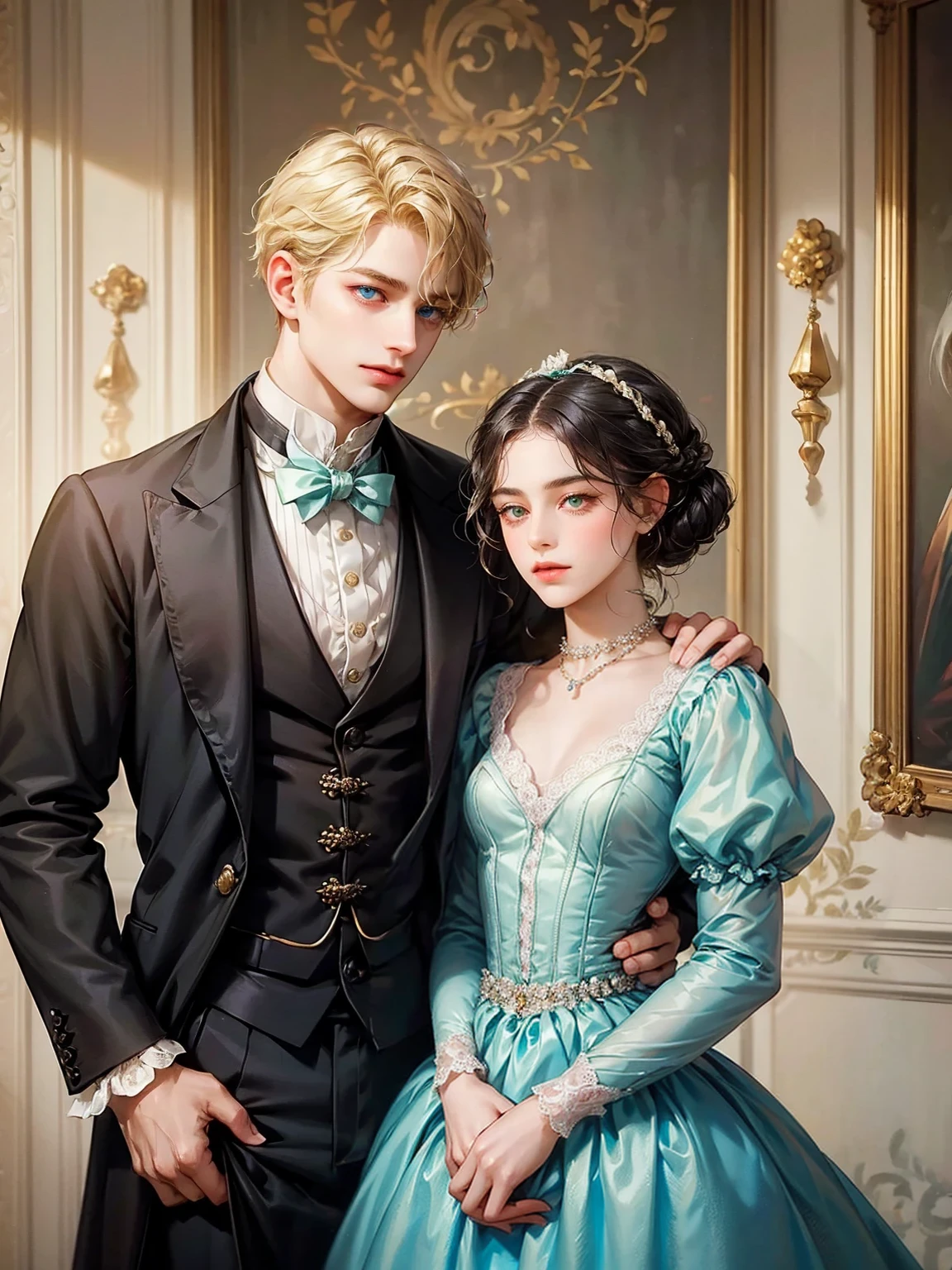 The girl has small breast. She wears an unglued dress, small breast, pink victorian era dress, sleeveless. She wears a necklace. The boy hugs her