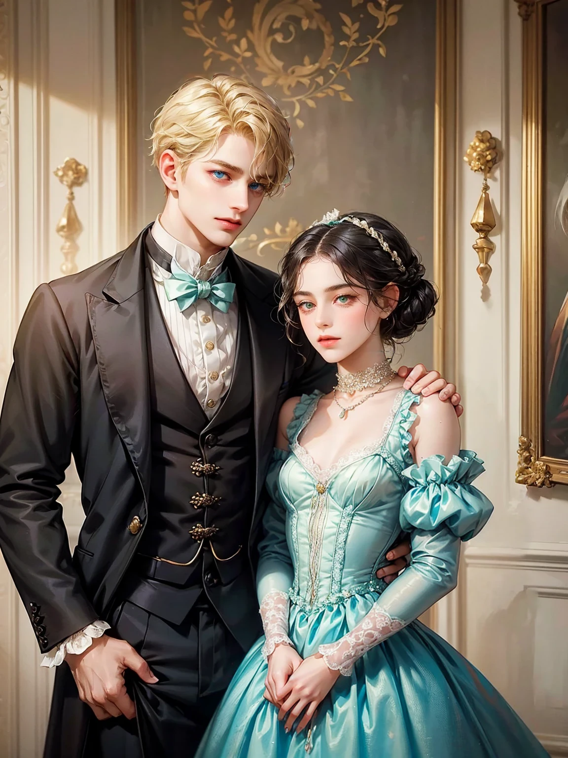 The girl has small breast. She wears an unglued dress, small breast, pink victorian era dress, sleeveless. She wears a necklace. The boy hugs her