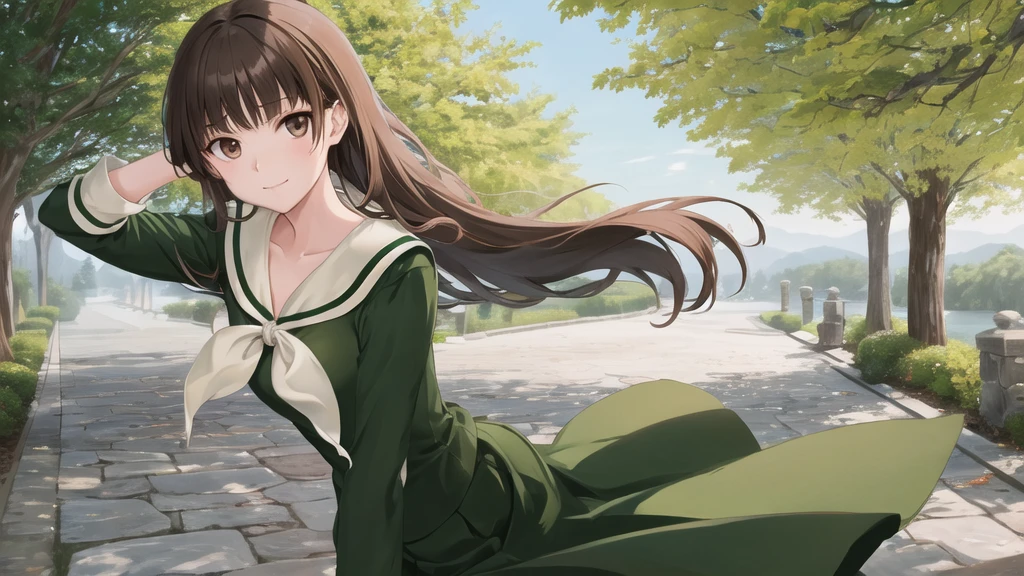 masterpiece, Highest quality, High resolution, aayoshino, , thin, Long Hair, Twin Blade, Brown eyes, Hair that falls over the shoulders, , Sailor collar, neckerchief, Green Shirt, One piece sailor shirt, Long sleeve, Green Skirt, Long skirt, Are standing, Cowboy Shot, Outdoor, White Rose Garden, Person on the right, Shining Face, Slender