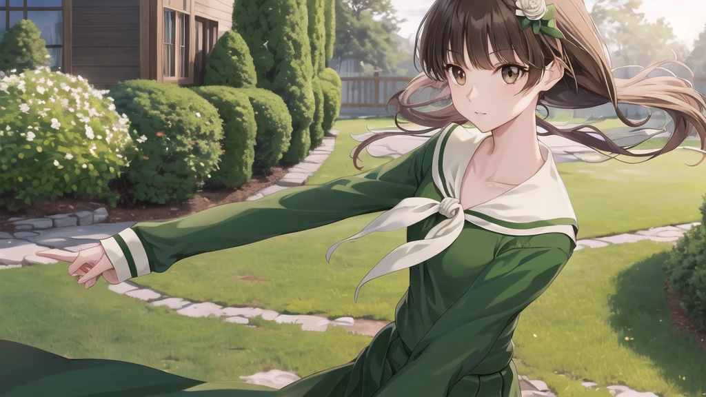 masterpiece, Highest quality, High resolution, aayoshino, , thin, Long Hair, Twin Blade, Brown eyes, Hair that falls over the shoulders, , Sailor collar, neckerchief, Green Shirt, One piece sailor shirt, Long sleeve, Green Skirt, Long skirt, Are standing, Cowboy Shot, Outdoor, White Rose Garden, Person on the right, Shining Face, Slender