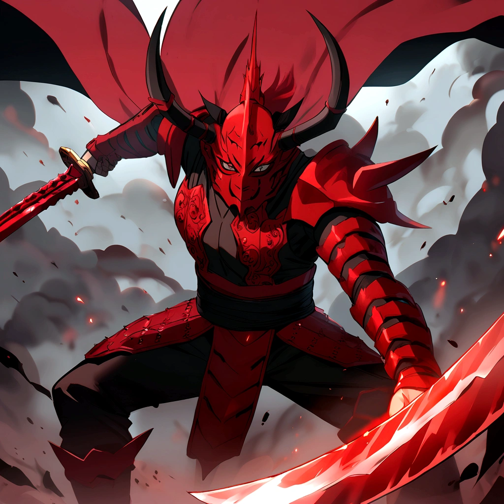 A 20 metre titan from AOT with red and blade skin, bones, a blade attached to its hand and prodcuing electricity through the blade
