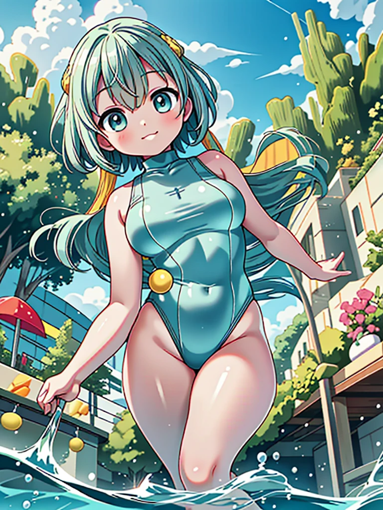 Highest quality, masterpiece, Ultra-high resolution, (Realistic:1.4), RAW Photos, Intricate details, Big beautiful eyes, Perfect contours, masterpiece, One Girl, ((Elementary school students)), Braided Bob, (perky breasts:1.5, high breasts:1.5), (curvy waist:1.5), Competitive swimmer, (one piece:1.5, turtleneck,Sleeveless swimsuit), Clear metallic green swimsuit:1.5, Thin and tight high leg swimsuit:1.4, ((shoot from below:1.4)), Portraiture, View your viewers, Outdoor swimming pool, Partially submerged, Wet Skin, smile, (Underarm)